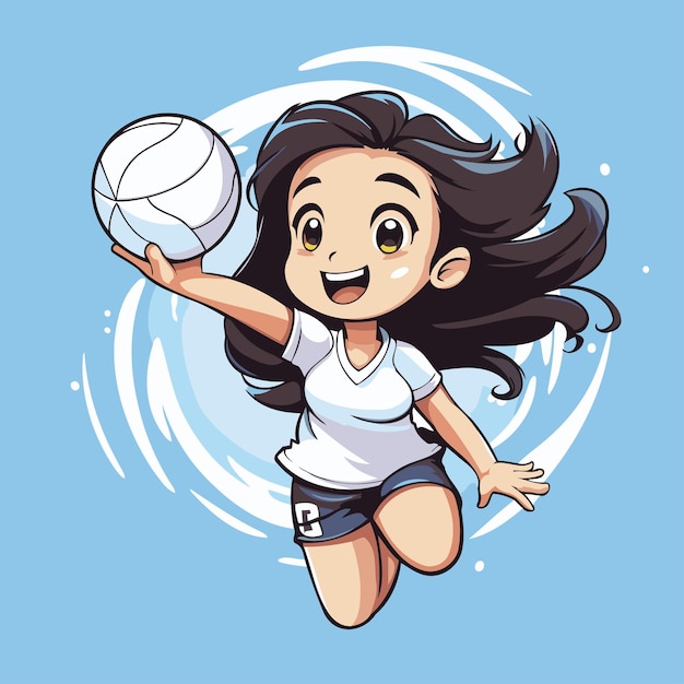 Vector vector illustration of a cute girl playing volleyball cartoon style isolated on blue background