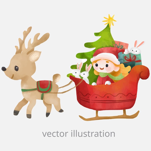 Vector vector illustration of a cute girl in santa clauses outfit and reindeer for christmas celebration