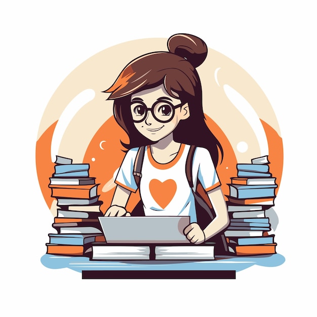 책과 노트북을 가진 귀여운 여자 학생의 터 일러스트레이션 교육 개념