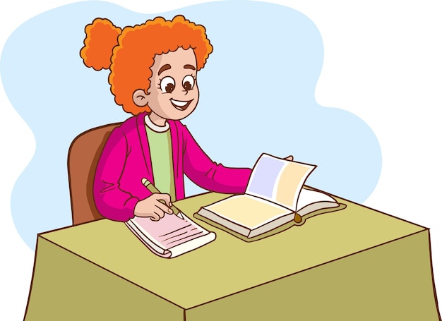 Vector illustration of cute girl studying at desk