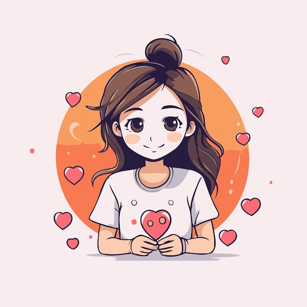 Vector illustration of a cute girl with a heart in her hands