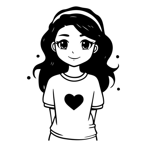 Vector vector illustration of a cute girl with long hair in white tshirt