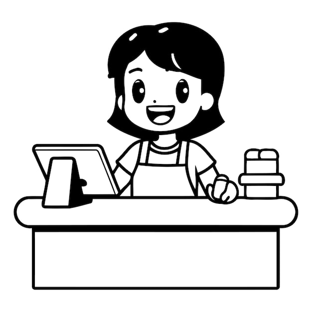 Vector vector illustration of a cute girl working at her desk in the office