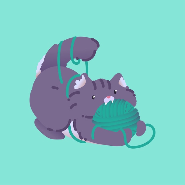 Vector vector illustration of a cute gray kitten playing with a ball of yarn