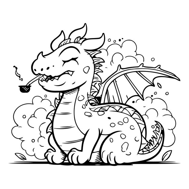 Vector vector illustration of a cute green dragon with smoking pipe on white background