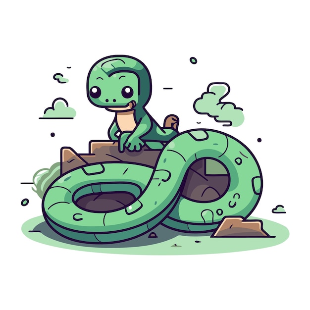 Vector illustration of a cute green reptile sitting on a rock