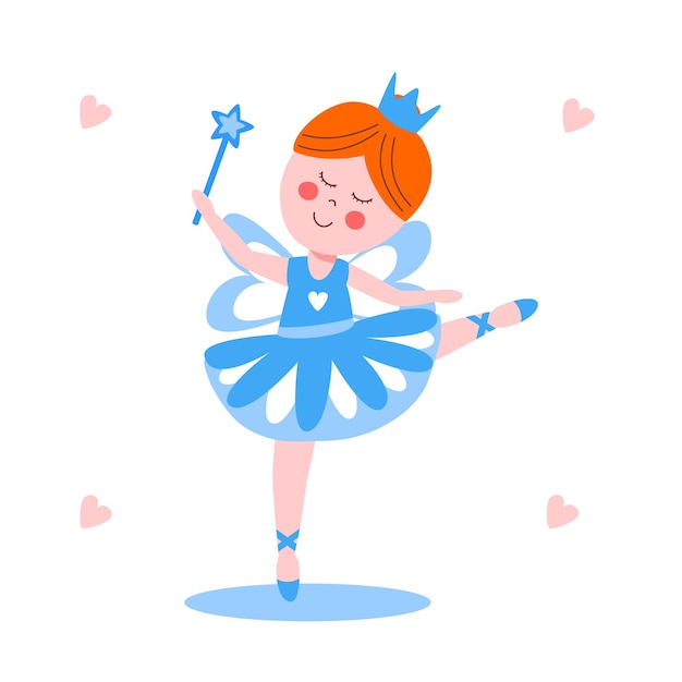 Vector illustration of a cute hand drawn beautiful, lovely, little ballerina girl with magic wand