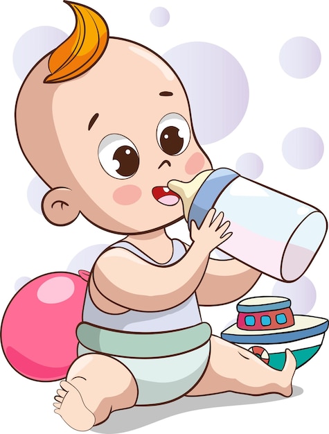 Vector illustration of cute happy baby holding baby milk bottle