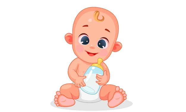 Vector illustration of cute happy baby holding baby milk bottle