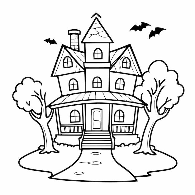 Vector vector illustration of a cute hauntedhouse doodle for kids colouring page