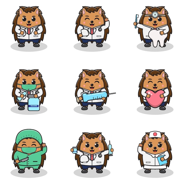 Vector vector illustration of cute hedgehog with doctor costume