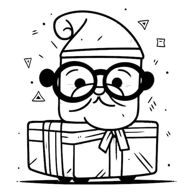 Vector vector illustration of a cute kawaii cat in a santa claus hat and glasses