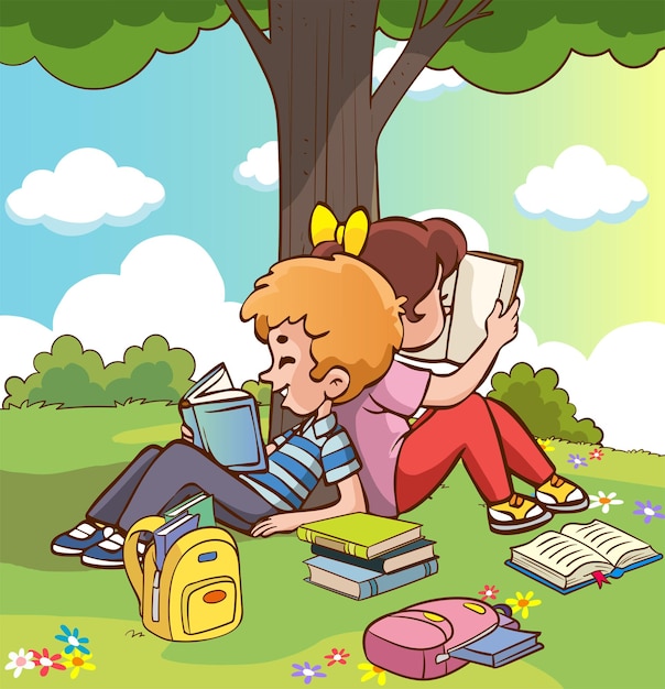 векторная иллюстрация милых детей, читающих вместе под елкой