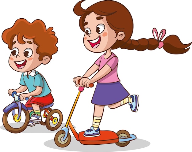 vector illustration of cute kids riding bike and scooter