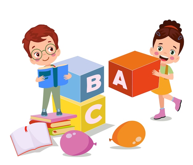 Vector illustration of cute kids with Abc blocks abc letters