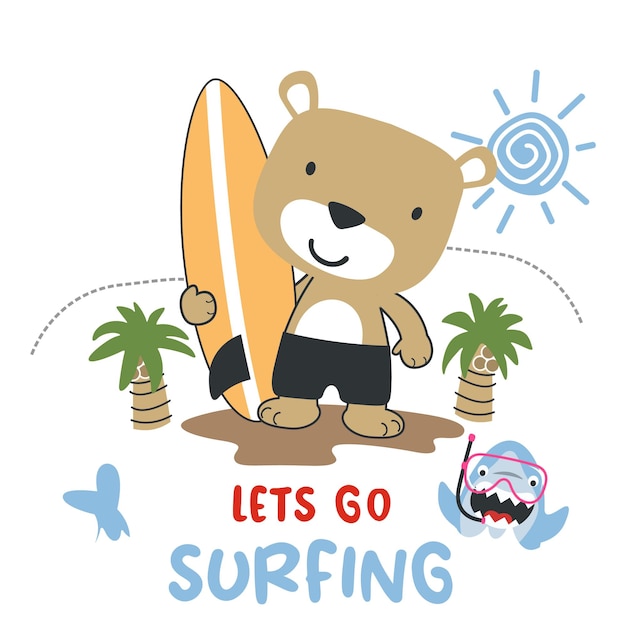 Vector vector illustration of cute little animal with a surfboard funny background cartoon style for kids for nursery design summer sports tshirt print