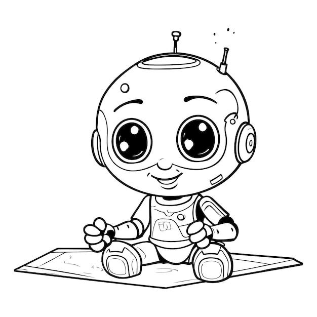 Vector illustration of Cute little baby robot playing video game Coloring book for kids