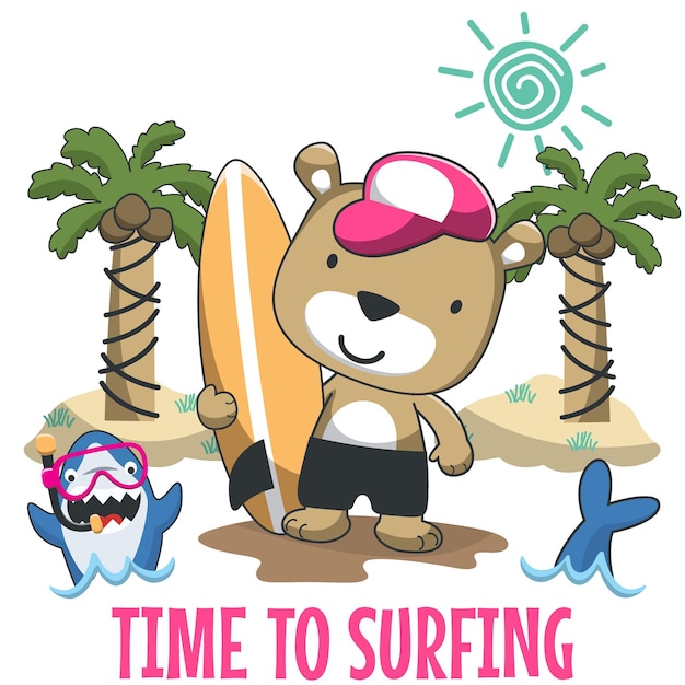 Vector illustration of cute little bear with a surfboard for design summer sports tshirt print