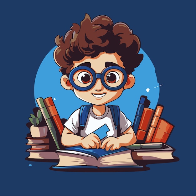 Vector illustration of a cute little boy in glasses reading a book