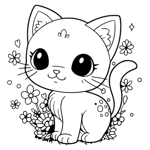 Векторная иллюстрация милой маленькой кошки с цветами вокруг нее, раскраска для детей