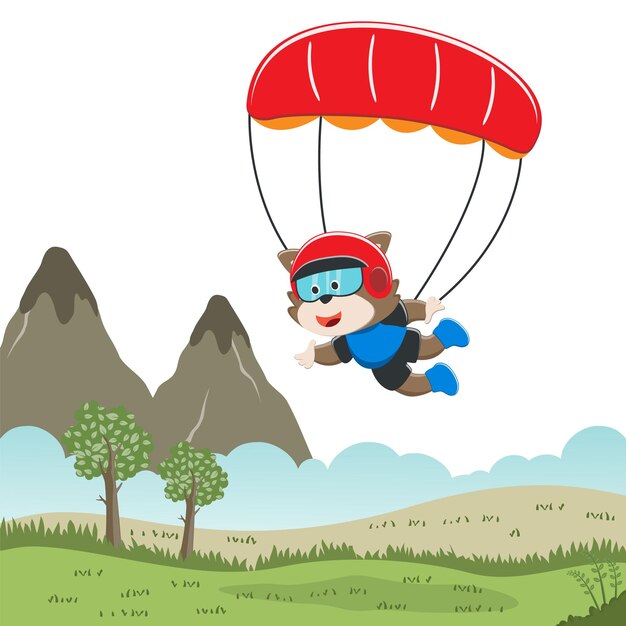 Векторная иллюстрация симпатичной маленькой лисицы, летящей с парашютом в стиле мультфильма Творческий вектор детский фон для ткани текстиль детский сад обои плакат карточка векторная иллюстрация