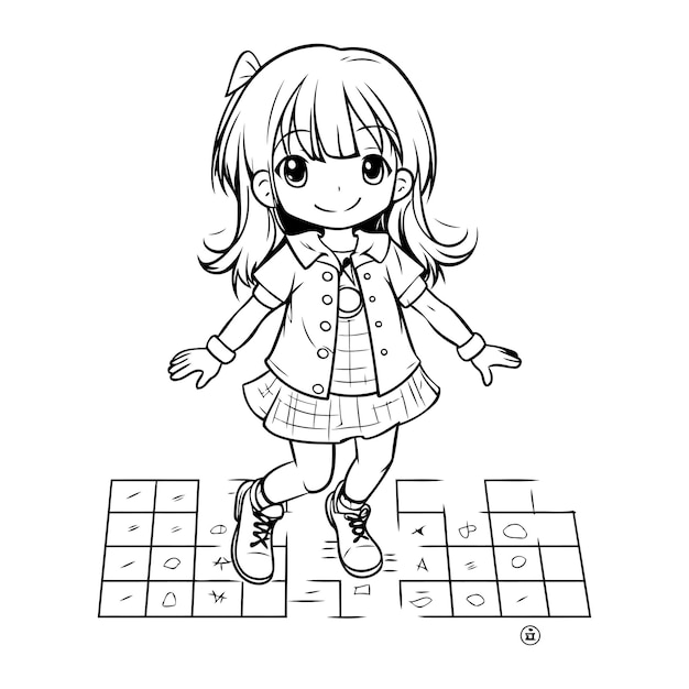 Vector vector illustration of a cute little girl playing hopscotch game