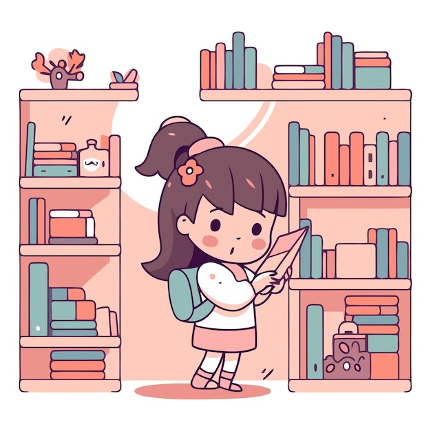 図書館で本を読んでいる可愛い女の子のベクトルイラスト