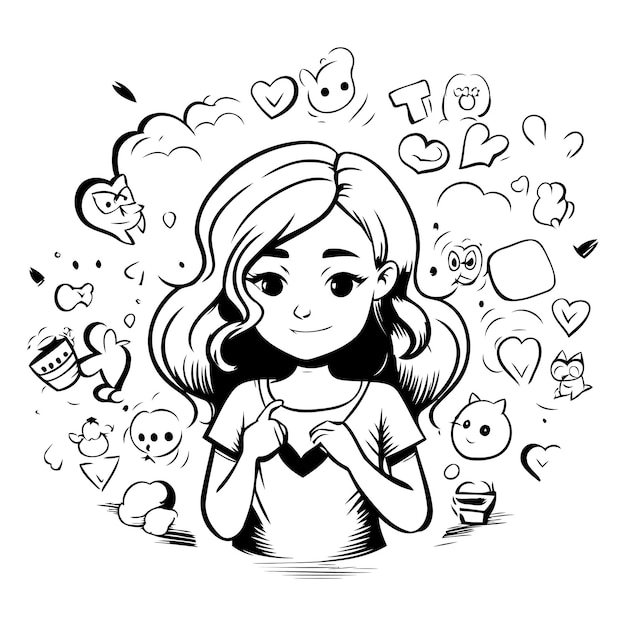 Vector illustration of a cute little girl with hand drawn doodles