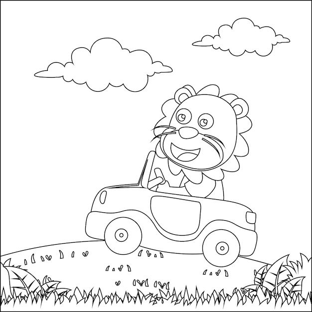 Векторная иллюстрация милого маленького льва за рулем автомобиля, идущего в лес для взрослых и детей раскраски