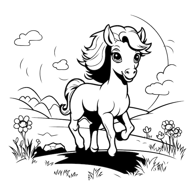 Vector illustration of a cute little pony in the field Coloring book for children