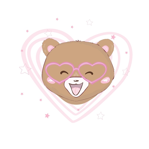 Vector vector illustration of cute little teddy bear holding red heart