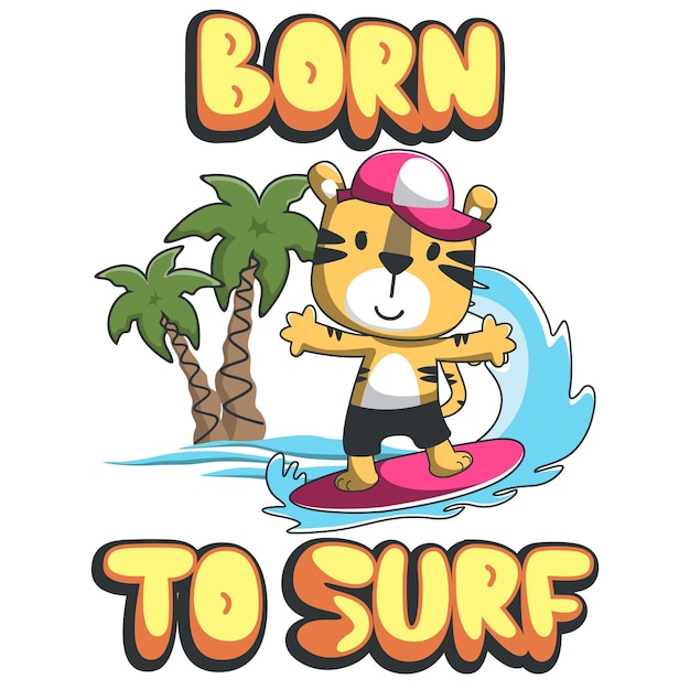 Vector illustration of cute little tiger with a surfboard