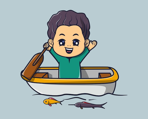 vector illustration of a cute man driving a boat with fish around him transportation icon concept