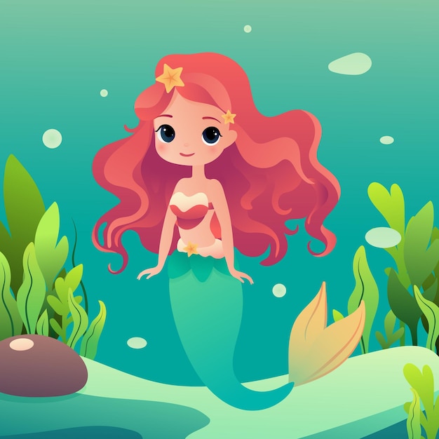 Vector illustration of a cute mermaid underwater hand drawing