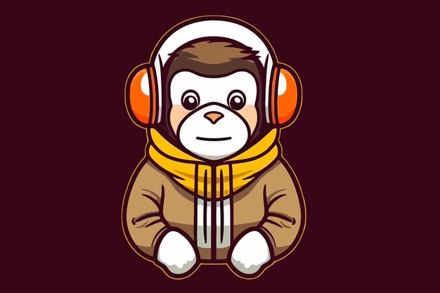 Vector illustration of a cute monkey wearing headphones and warm clothes