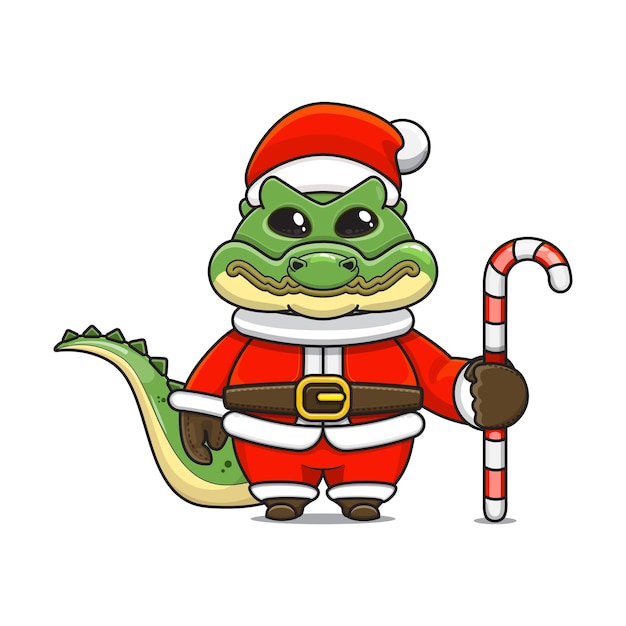 Vector illustration of cute monster reptile mascot wearing santa costume holding a candy cane