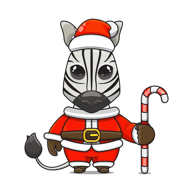 Illustrazione vettoriale della simpatica mascotte zebra mostro che indossa il costume di babbo natale con in mano un bastoncino di zucchero
