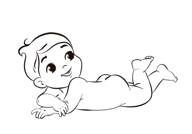 Векторная иллюстрация милый голый лежащий мальчик или девочка Черная линия иллюстрации изолированы