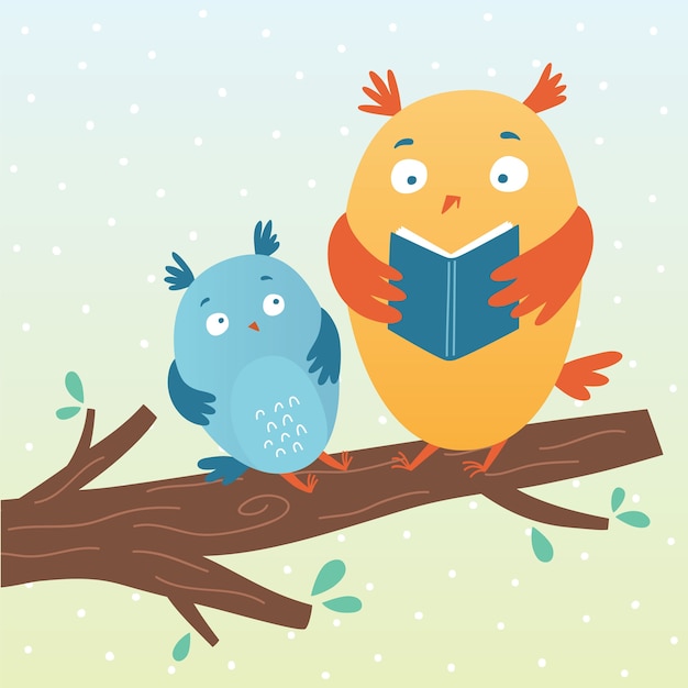 Vector illustration of cute owls reading a book