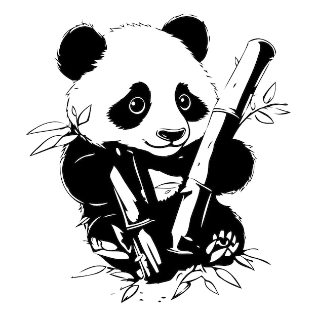 Vector illustration of cute panda bear with bamboo on white background