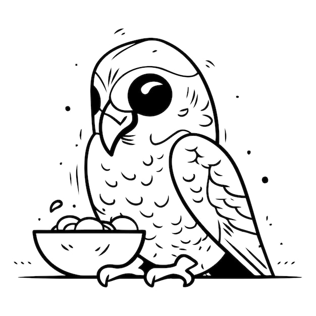 Vector illustration of a cute parrot with a bowl of food