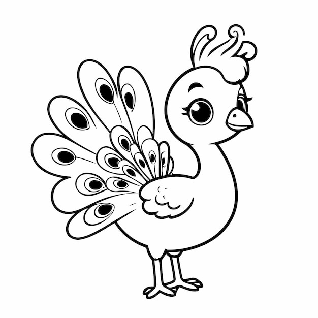 Vector illustration of a cute peacock doodle for toddlers worksheet