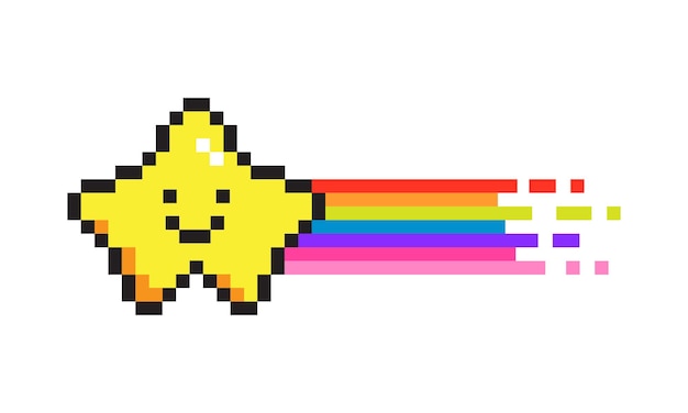 Vector illustration of cute pixel art star and rainbow icon geek element in the style of 90s game