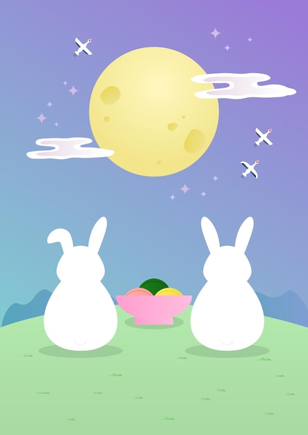 Vector illustration of cute rabbits looking at the full moon