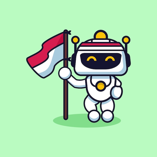 Vector illustration of cute robot holding Indonesian red and white flag for independence icon