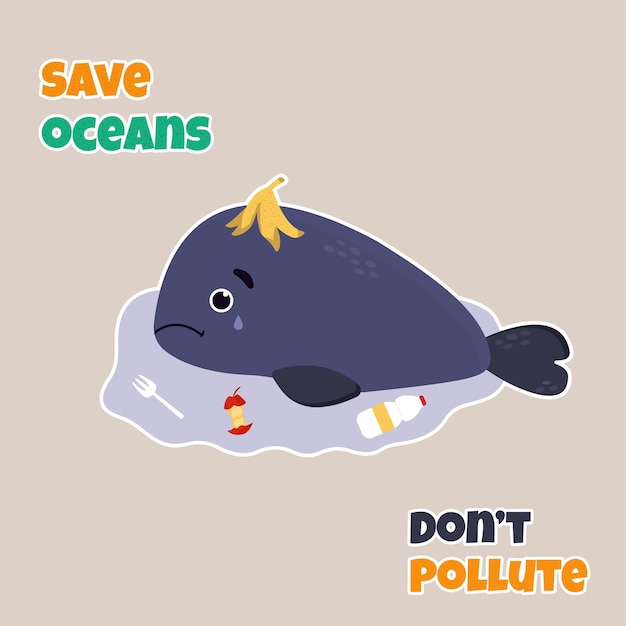 Vector illustration of a cute sad whale among garbage. stop polluting eco concept