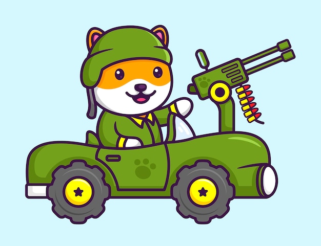 Vector Illustration of Cute Shiba Inu Dog as an Army Driving War Machine Car in Cartoon Flat Style