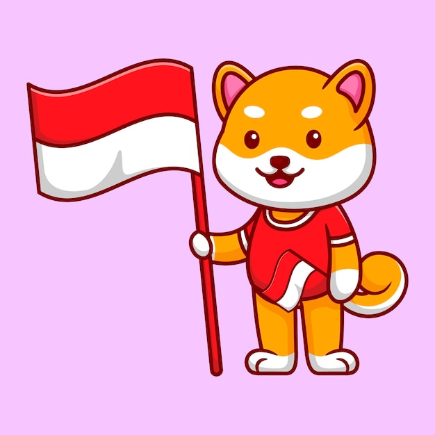 Illustrazione vettoriale del simpatico cane shiba inu che tiene le bandiere indonesiane in stile piatto cartone animato