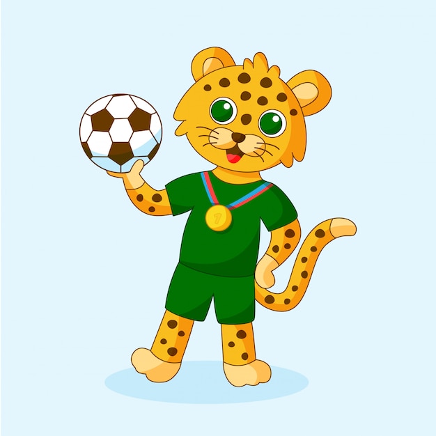 Vector illustration of cute sportive leopard holding ball in hands. Cartoon animal for kids.