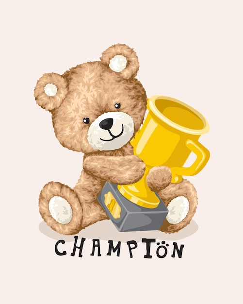 Vector illustration of cute teddy bear with trophy